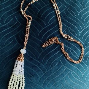Long Mint Beaded Tassel Necklace